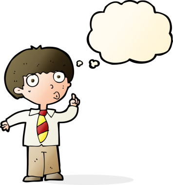 Bir insan tarafından çizilmiş düşünce baloncuğuyla ilgili soru soran bir okul çocuğu.