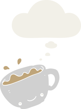 Düşünce baloncuklu bir kahve fincanı insan tarafından çizilmiş.