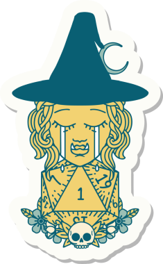 Hüzünlü bir yarı ork cadı karakterinin çıkartması. Bir insan tarafından çizilmiş doğal bir D20 rulosu.