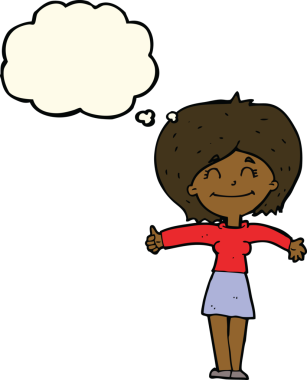 Bir insan tarafından çizilmiş düşünce baloncuğuyla baş parmak işareti yapan çizgi film kadını.