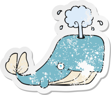 Bir insan tarafından çizilmiş suyu püskürten karikatür balinasının geriletilmiş yapıştırması.