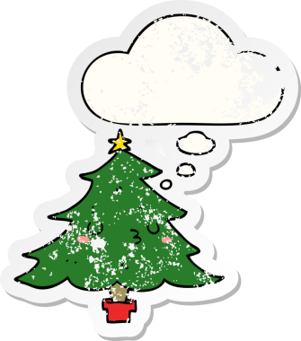 Düşünce baloncuğu olan şirin bir çizgi film Noel ağacı insan tarafından çizilmiş yıpranmış bir çıkartma.