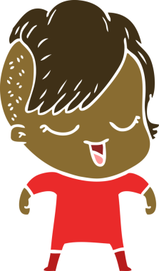 Bir insan tarafından çizilmiş mutlu düz renkli çizgi film kızı.