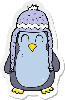 Bir insan tarafından çizilmiş şapka takan penguen çizgi filminin çıkartması.