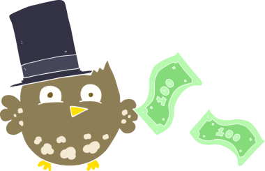 Bir insan tarafından çizilmiş silindir şapkalı zengin baykuşun düz renkli çizimi