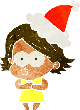 Bir insan tarafından çizilmiş Noel Baba şapkası takan bir kızın el çizimi karikatürü.