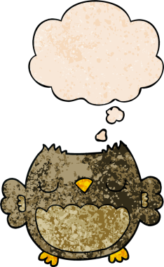 Bir insan tarafından çizilmiş grunge doku tarzında düşünce baloncuğu olan sevimli çizgi film baykuşu.