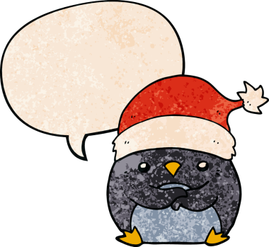 Bir insan tarafından çizilmiş eski moda konuşma baloncuklu Noel şapkası takan sevimli penguen çizgi filmi.