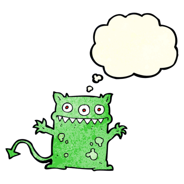 Bir insan tarafından çizilmiş düşünce balonu olan küçük bir canavar.