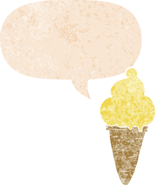 Bir insan tarafından çizilmiş grunge dertli retro tarzı konuşma baloncuklu çizgi film dondurması.