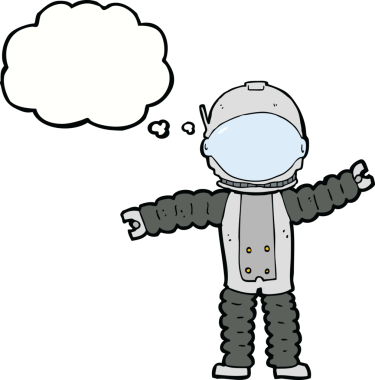 Bir insan tarafından çizilmiş düşünce baloncuklu astronot.