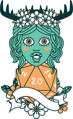 Retro Dövme Biçimi Yarı Ork Druid karakteri Bir insan tarafından çizilmiş doğal 20 zar ile