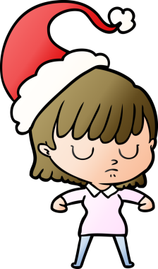 Bir insan tarafından çizilmiş Noel Baba şapkası giymiş bir kadının el çizimi karikatürü.