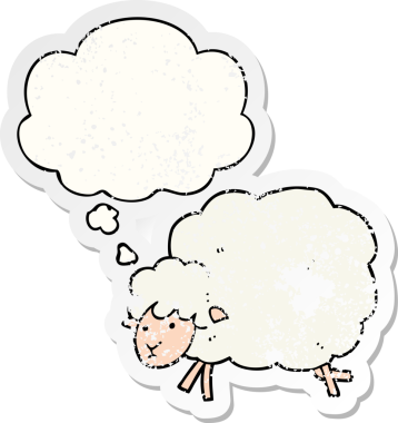 Düşünce baloncuğu olan çizgi film koyunları insan tarafından çizilmiş yıpranmış bir çıkartma gibi.