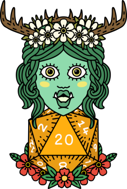 Retro Dövme Biçimi Yarı Ork Druid Bir insan tarafından çizilmiş 20 zar ile