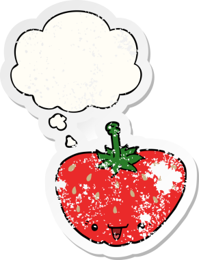 Düşünce baloncuklu karikatür çileği bir insan tarafından çizilmiş yıpranmış bir çıkartma.