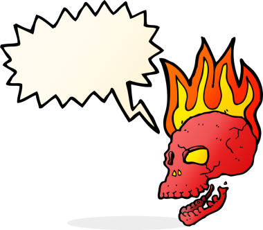 Bir insan tarafından çizilmiş konuşma baloncuklu yanan kafatası.