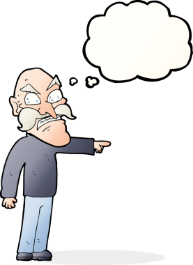 Bir insan tarafından çizilmiş düşünce baloncuğu olan öfkeli yaşlı bir adam.