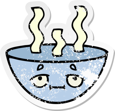 Bir insan tarafından çizilmiş sıcak çorba kasesinin hüzünlü çıkartması.