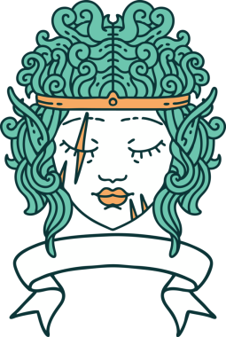 Retro Dövme Tarzı Elf Barbar karakter yüzü Bir insan tarafından çizilmiş pankartıyla