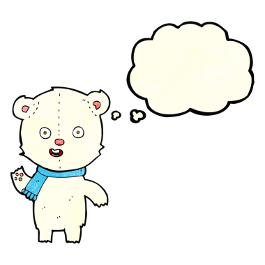 Bir insan tarafından çizilmiş düşünce baloncuğu eşarplı kutup ayısı yavrusu sallayan çizgi film.