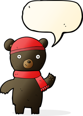 Bir insan tarafından çizilmiş konuşma balonuyla siyah ayıyı sallayan çizgi film.