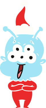 Bir insan tarafından çizilmiş Noel Baba şapkası giyen bir uzaylının çizilmiş mutlu el çizimi.