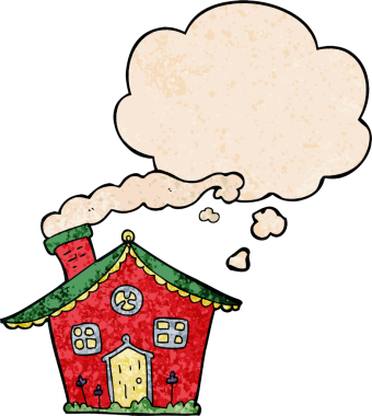 Bir insan tarafından çizilmiş grunge desenli düşünce baloncuklu çizgi film evi.