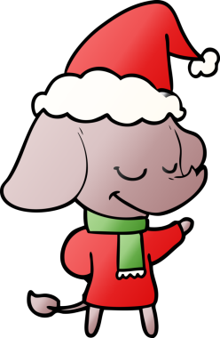 Bir insan tarafından çizilmiş Noel Baba şapkası takan gülümseyen bir filin el çizimi karikatürü.