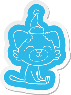 Bir insan tarafından çizilmiş Noel Baba şapkası takan bir köpeğin garip karikatür çıkartması.