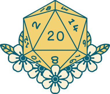 Retro Dövme Biçimi Doğal 20 D20 zar bir insan tarafından çizilmiş çiçek elementleriyle