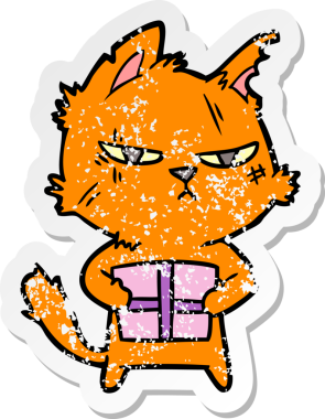 Bir insan tarafından çizilmiş Noel hediyeli sert bir çizgi film kedisinin sıkıntılı çıkartması.