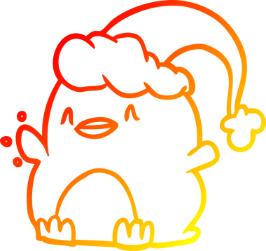 Bir insan tarafından çizilmiş Noel şapkası giyen bir penguen çizimi.