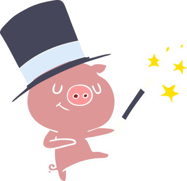 Mutlu düz renkli çizgi film domuz sihirbazı bir insan tarafından çizilmiş.