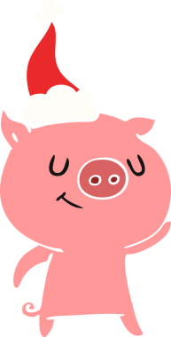 Mutlu el çizimi düz renk çizimi Noel Baba şapkası takan bir domuzun insan tarafından çizilmiş.