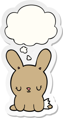 Bir insan tarafından çizilmiş bir çıkartma gibi düşünce balonlu şirin çizgi film tavşanı.