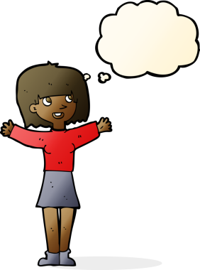 Bir insan tarafından çizilmiş düşünce baloncuğu olan heyecanlı bir kadın.