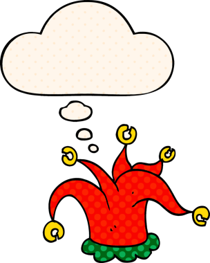 Çizgi roman tarzı düşünce baloncuğu olan soytarı şapkası bir insan tarafından çizilmiş.