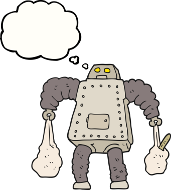 Bir insan tarafından çizilmiş alışverişi taşıyan serbest çizim baloncuklu robot.