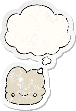 Düşünce baloncuklu karikatür bulutu bir insan tarafından çizilmiş yıpranmış bir çıkartma gibi.