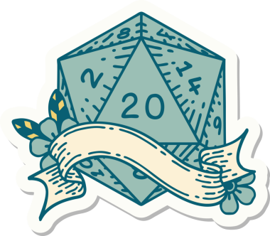 Bir insan tarafından çizilmiş 20 D20 zarının çıkartması.