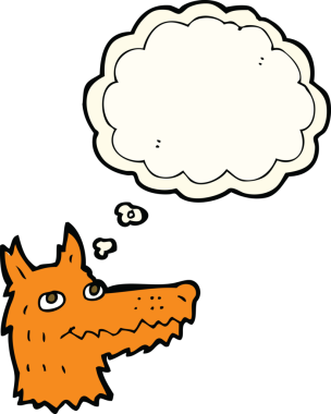 Bir insan tarafından çizilmiş düşünce balonlu tilki kafası.