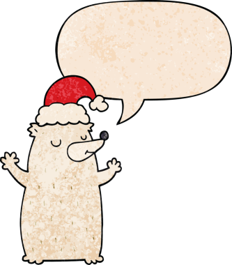 Bir insan tarafından çizilmiş eski dokuda konuşma baloncuğu olan şirin bir çizgi film Noel ayısı.