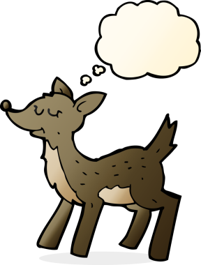 Bir insan tarafından çizilmiş düşünce baloncuklu şirin bir karikatür geyiği.