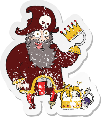 Bir insan tarafından çizilmiş korsan karikatür kaptanının sıkıntılı retro yapıştırması.