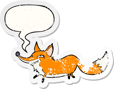 Tatlı çizgi film sinsi tilki konuşma baloncuğu ile sıkıntılı eski bir çıkartma bir insan tarafından çizilmiş