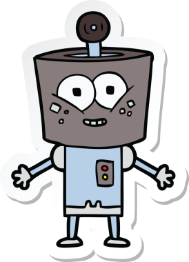 Bir insan tarafından çizilmiş mutlu çizgi film robotunun çıkartması.