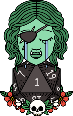 Retro Dövme Tarzı Ağlama Yarı Ork haylaz karakter Doğal bir D20 rulo ile bir insan tarafından çizilmiş