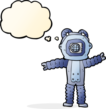 Bir insan tarafından çizilmiş düşünce balonlu derin deniz dalgıcı.