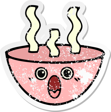 Bir insan tarafından çizilmiş sıcak çorba kasesinin hüzünlü çıkartması.